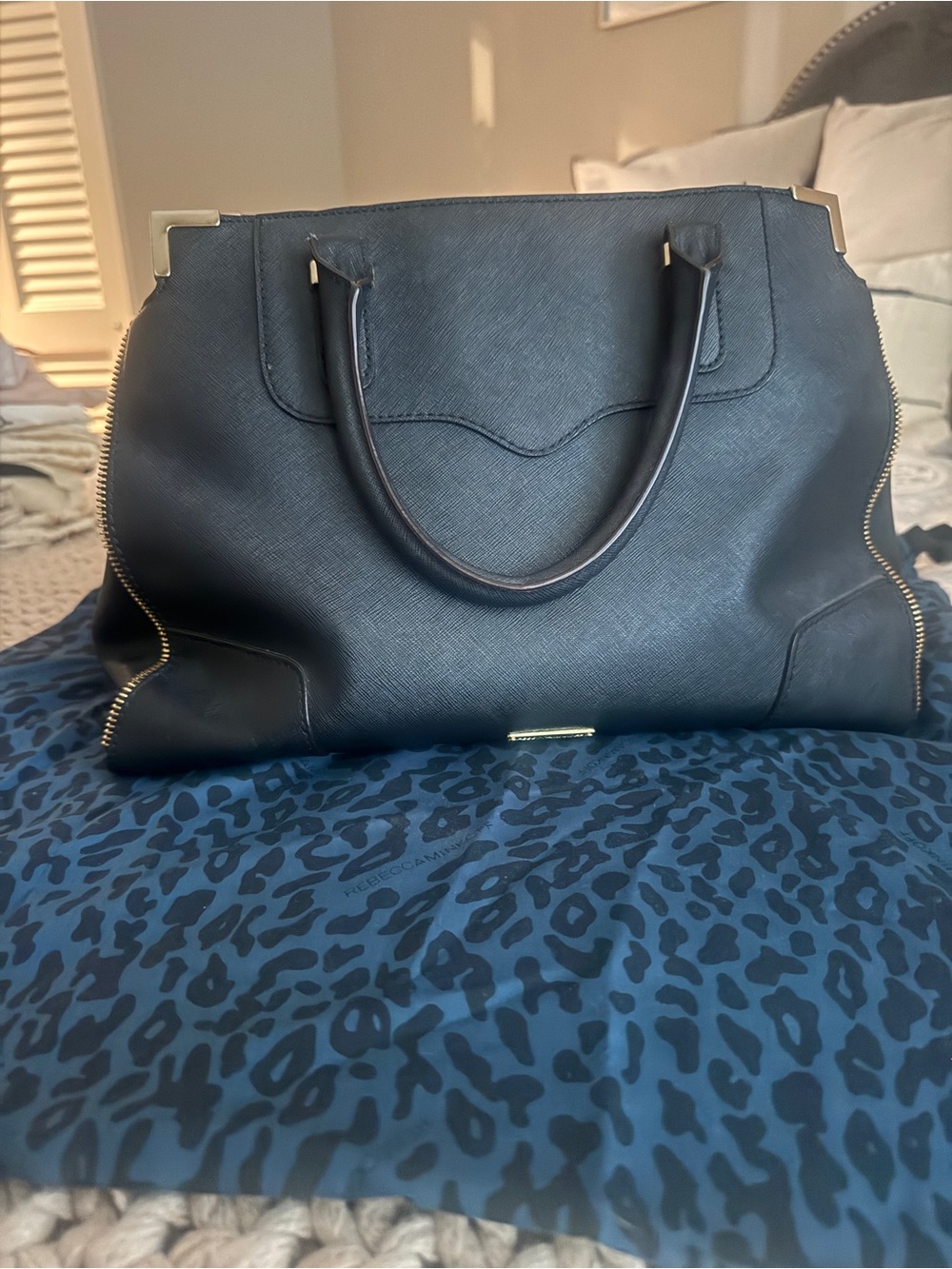 Rebecca Minkoff Black Leather Top-Handle Tote with Gold Accents
